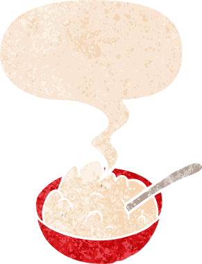 Bir insan tarafından çizilmiş, sıkıntılı, grunge içerisindeki konuşma baloncuklu yulaf lapası kasesi.