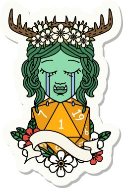 Ağlayan bir ork barbar karakterinin çıkartması. İnsan tarafından çizilmiş doğal bir D20 ruloyla.