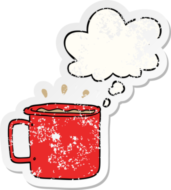 Düşünce baloncuklu bir kahve fincanı insan tarafından çizilmiş yıpranmış bir çıkartma gibi.