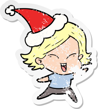 Noel Baba şapkası takan bir kızın insan tarafından çizilmiş üzgün bir el çıkartması çizimi.