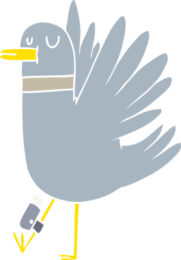 Düz renkli çizgi film. Kanat çırpan tahta güvercin. Bir insan tarafından çizilmiş.