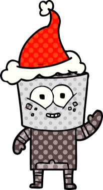 Bir insan tarafından çizilmiş Noel Baba şapkasıyla selamlaşan bir robotun çizdiği çizgi roman çizimi.