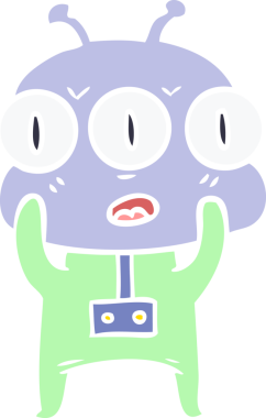 Düz renkli karikatür. Bir insan tarafından çizilmiş üç gözlü uzaylı.