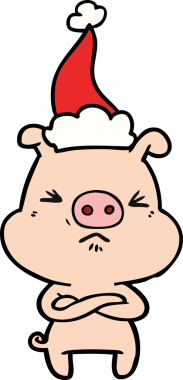 Bir insan tarafından çizilmiş Noel Baba şapkası giymiş kızgın bir domuzun el çizimi.