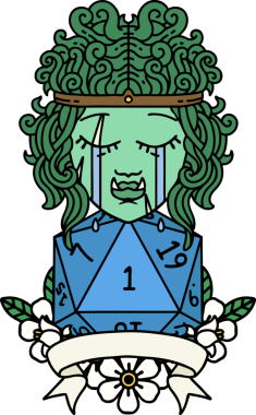 Retro Dövme Tarzı Ağlayan Ork Barbar Karakteri Bir insan tarafından çizilmiş doğal D20 rulosu