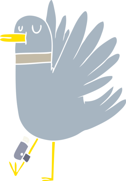 Düz renkli çizgi film. Kanat çırpan tahta güvercin. Bir insan tarafından çizilmiş.