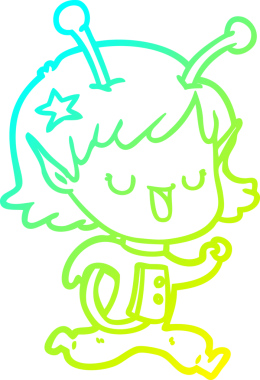 Bir insan tarafından çizilmiş mutlu bir uzaylı kız çizgi filmi.