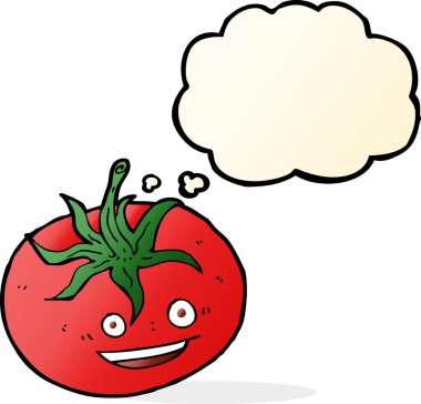 Bir insan tarafından çizilmiş düşünce baloncuklu domates.