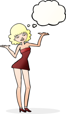 Bir insan tarafından çizilmiş düşünce balonlu kokteyl elbiseli kadın.