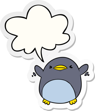 Bir insan tarafından çizilmiş konuşma kabarcığı etiketli kanat çırpan sevimli penguen.