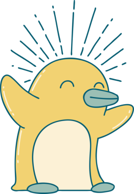 Bir insan tarafından çizilmiş geleneksel dövme stili mutlu penguen çizimi