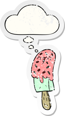 Düşünce baloncuklu karikatür buz lolipopu bir insan tarafından çizilmiş yıpranmış bir çıkartma.