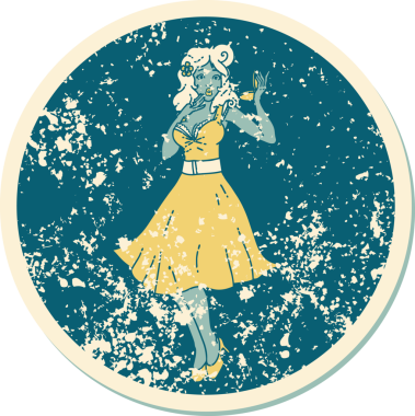 İkonik sıkıntılı dövme stili. Bir insan tarafından çizilmiş, şaşırtılmış bir kız resmi.