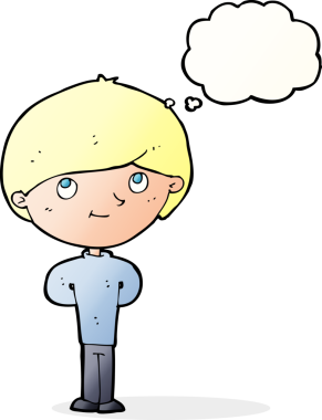 Bir insan tarafından çizilmiş düşünce balonu olan mutlu çocuk çizgi filmi.