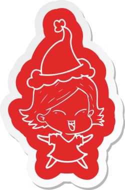 Bir insan tarafından çizilmiş Noel Baba şapkası giyen bir kızın komik çizgi film çıkartması.