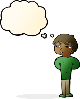 Bir insan tarafından çizilmiş düşünce balonu olan antisosyal çocuk çizgi filmi.