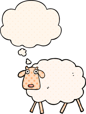 Bir insan tarafından çizilmiş çizgi roman şeklinde düşünce baloncuklu koyun.