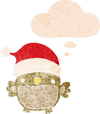 Sevimli noel baykuşu. Düşünce baloncuğu, grunge 'da sıkıntılı retro stili bir insan tarafından çizilmiş.