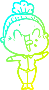 Bir insan tarafından çizilmiş, mutlu, yaşlı bir kadının çizimi.