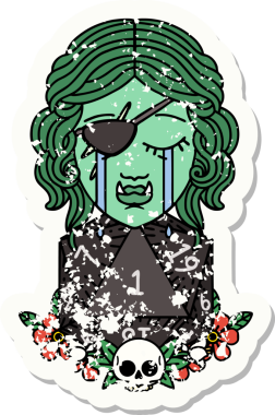 Ağlayan yarım Ork haylaz bir karakterin grunge çıkartması. Bir insan tarafından çizilmiş doğal bir D20 ruloyla.