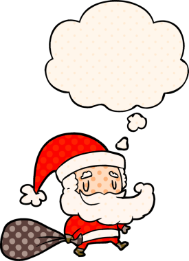 Çizgi roman tarzında bir insan tarafından çizilmiş çuvallı Noel Baba çizgi filmi.