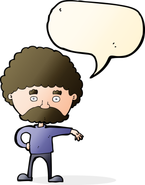 Çizgi filmdeki bıyıklı adam, bir insan tarafından çizilmiş konuşma baloncuğuyla kamp jesti yapıyor.