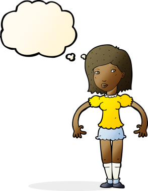 Bir insan tarafından çizilmiş düşünce baloncuğuyla yan bakan çizgi film kadını.