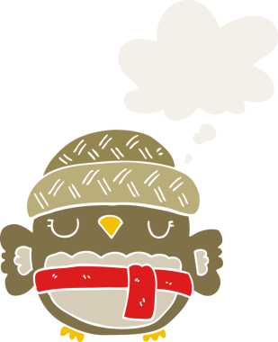 Şapkalı şirin bir baykuş. Düşünce baloncuğu insan tarafından çizilmiş.