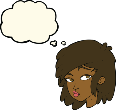 Bir insan tarafından çizilmiş düşünce baloncuğu olan meraklı bir kadın.