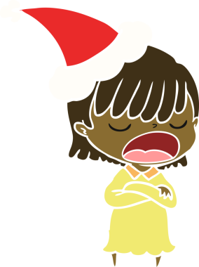 Bir insan tarafından çizilmiş Noel Baba şapkası giymiş bir kadının el çizimi düz renkli çizimi.