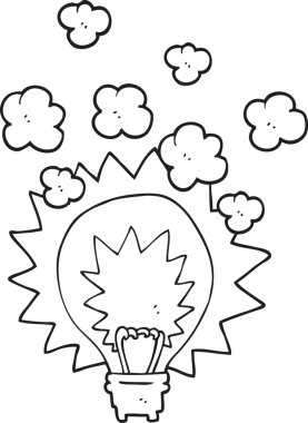 Bir insan tarafından çizilmiş siyah beyaz çizgi film ampulü.