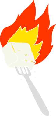 Bir insan tarafından çizilmiş çatalın üzerindeki alevli tofunun düz renk çizimi