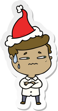 Bir insan tarafından çizilmiş Noel Baba şapkası giymiş endişeli bir adamın el yazısı.