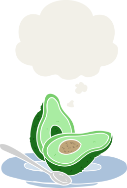 Düşünce baloncuklu çizgi film avokadosu bir insan tarafından çizilmiş.