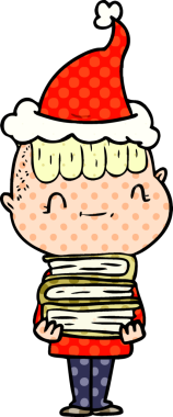 Bir insan tarafından çizilmiş Noel Baba şapkası giyen arkadaş canlısı bir çocuğun el çizimi çizgi roman tasviri.