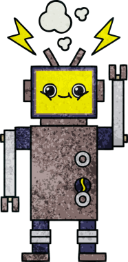 Bir insan tarafından çizilmiş mutlu bir robotun retro grunge dokusu.