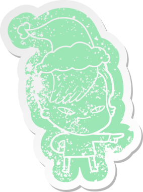 Hipster saç kesimi olan, Noel Baba şapkası takan, bir insan tarafından çizilmiş, kederli, şirin bir çizgi film.