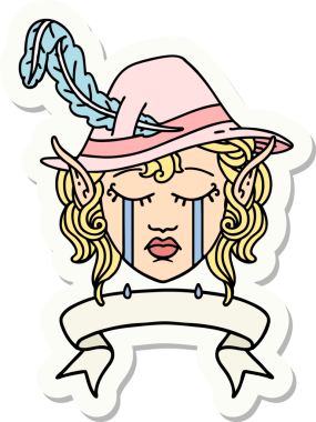 Ağlayan bir elf şair karakterinin çıkartması. Bir insan tarafından çizilmiş pankartıyla.