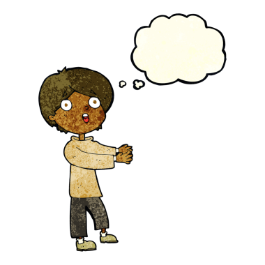 Bir insan tarafından çizilmiş düşünce balonuyla şok olmuş bir çocuk.