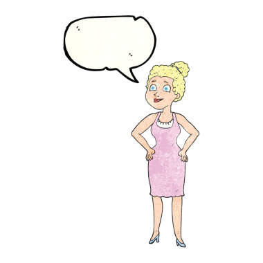 Bir insan tarafından çizilmiş elbise giyen, serbest konuşma balonu desenli karikatür kadın.