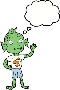 Bir insan tarafından çizilmiş düşünce balonlu balık çocuk.