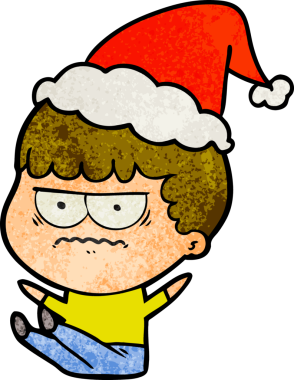 Bir insan tarafından çizilmiş Noel Baba şapkası giymiş rahatsız bir adamın el çizimi karikatürü.