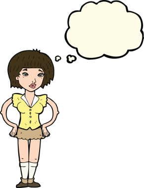 Bir insan tarafından çizilmiş düşünce baloncuğu olan elleri kalçasında çizgi film kadını.