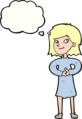 Bir insan tarafından çizilmiş düşünce balonlu mutlu kadın çizgi filmi.