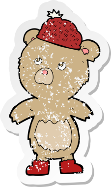 Bir insan tarafından çizilmiş şapkalı çizgi film ayısının gerilimli çıkartması.