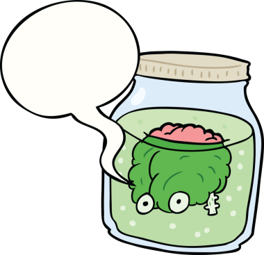 Bir insan tarafından çizilmiş konuşma baloncuğuyla kavanozda yüzen karikatür hayaleti beyni.