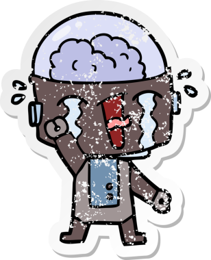 Bir insan tarafından çizilmiş, karikatür ağlayan robot çıkartması.