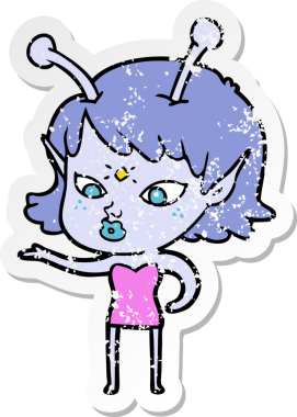 Bir insan tarafından çizilmiş güzel uzaylı bir kızın sıkıntılı çıkartması.