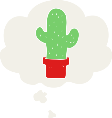 Düşünce baloncuğu olan bir kaktüs insan tarafından çizilmiş bir çizgi film.