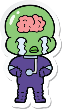 Bir çizgi film çıkartması. Bir insan tarafından çizilmiş büyük beyinli uzaylı ağlaması.